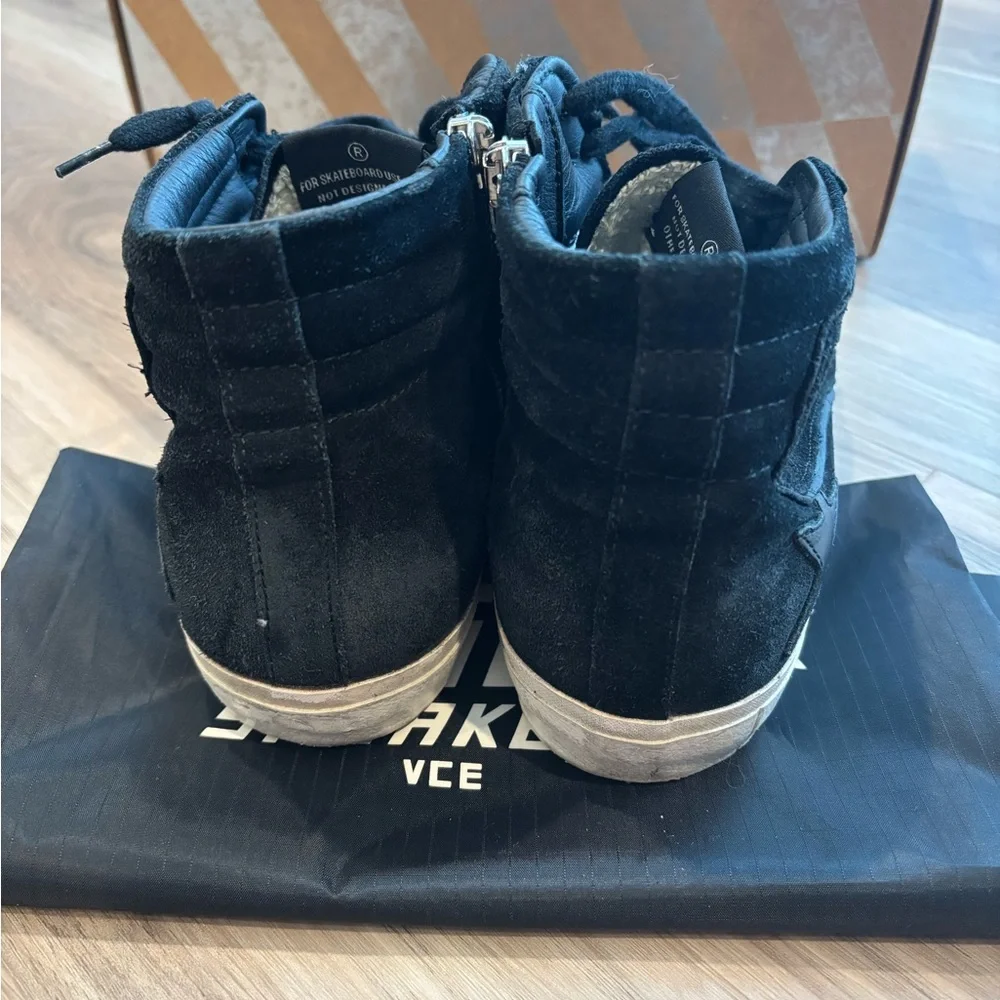 Golden Goose Slide- Black Suede Sneakers Distressed Look Lace-Up - Picture 6 of 9